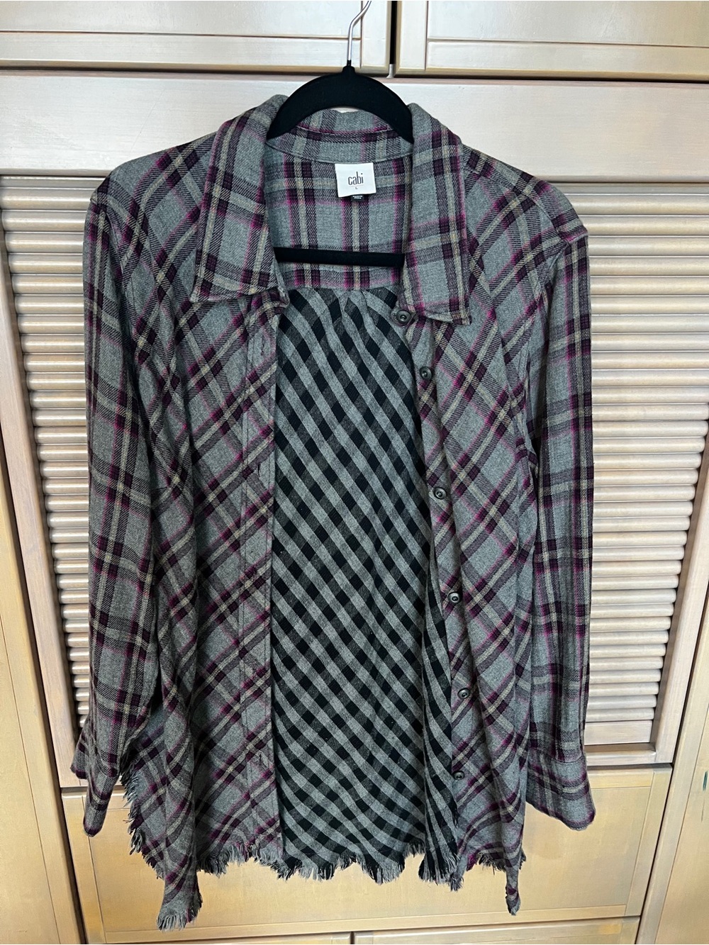 CAbi Highland Flannel / Gray & Plum Plaid Button-Front Shirt Jacket